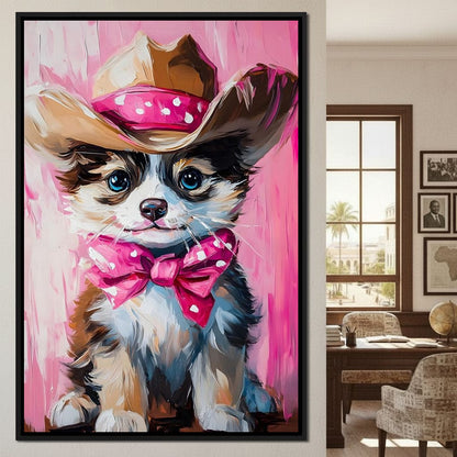 Cute Cowboy Puppy Pink Bow Charm Canvas Wall Art