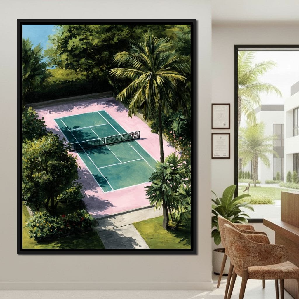 Palm Court Tennis Retreat Scene Canvas Wall Art
