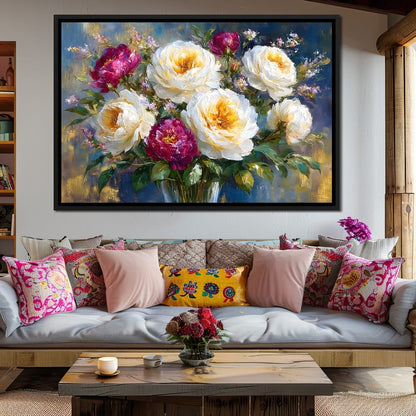 Golden Peonies on Blue Background Canvas Wall Art