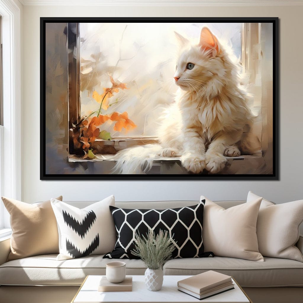 White Cat Sitting on Windowsill Canvas Wall Art