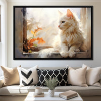 White Cat Sitting on Windowsill Canvas Wall Art