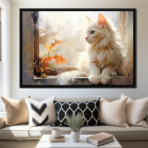 White Cat Sitting on Windowsill Canvas Wall Art