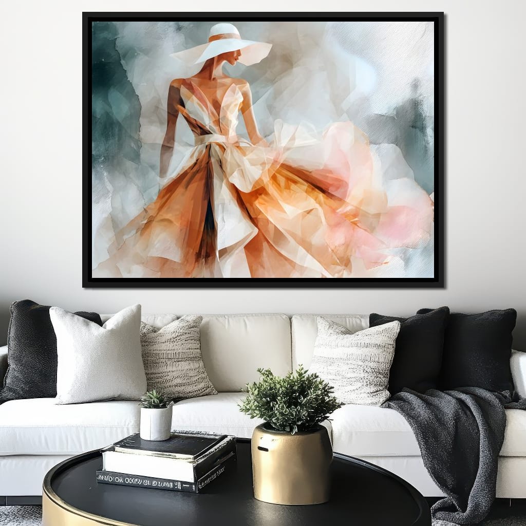 Sun Hat Lady in Peach Gown Canvas Wall Art
