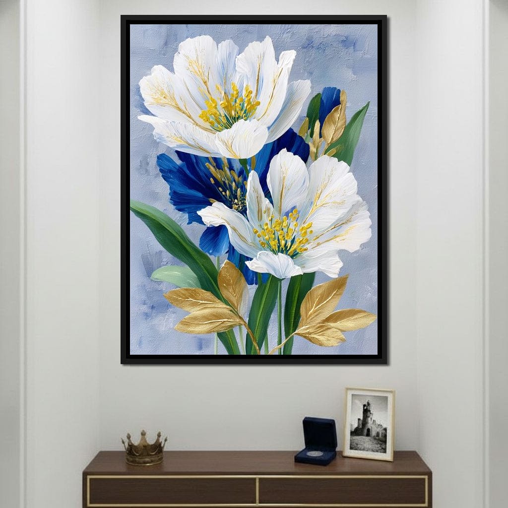 White Peony Blue Petals Gold Canvas Wall Art
