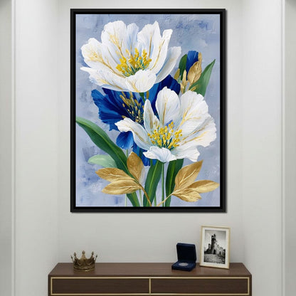 White Peony Blue Petals Gold Canvas Wall Art