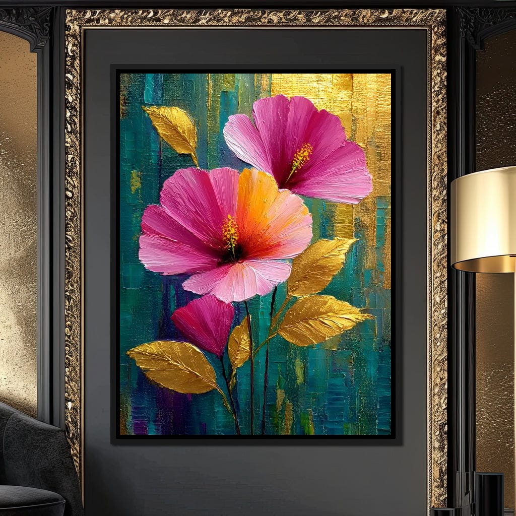 Teal Garden Golden Petals Flourish Canvas Wall Art