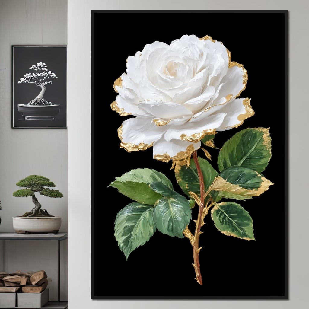 Gilded White Rose Portrait Canvas Wall Art