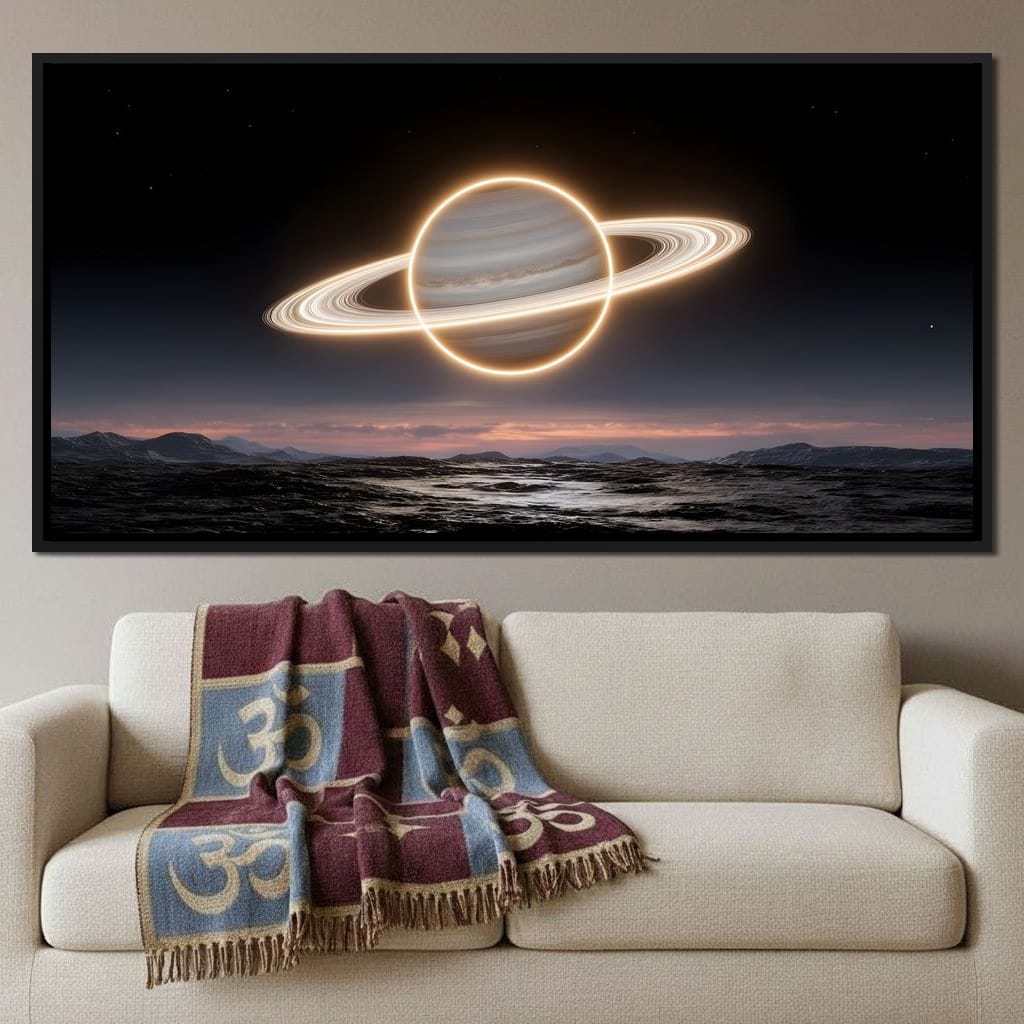 Luminous Saturn Over Alien Sea Canvas Wall Art