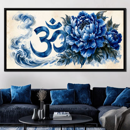 Om Blue Peony Meditation Mood Canvas Wall Art