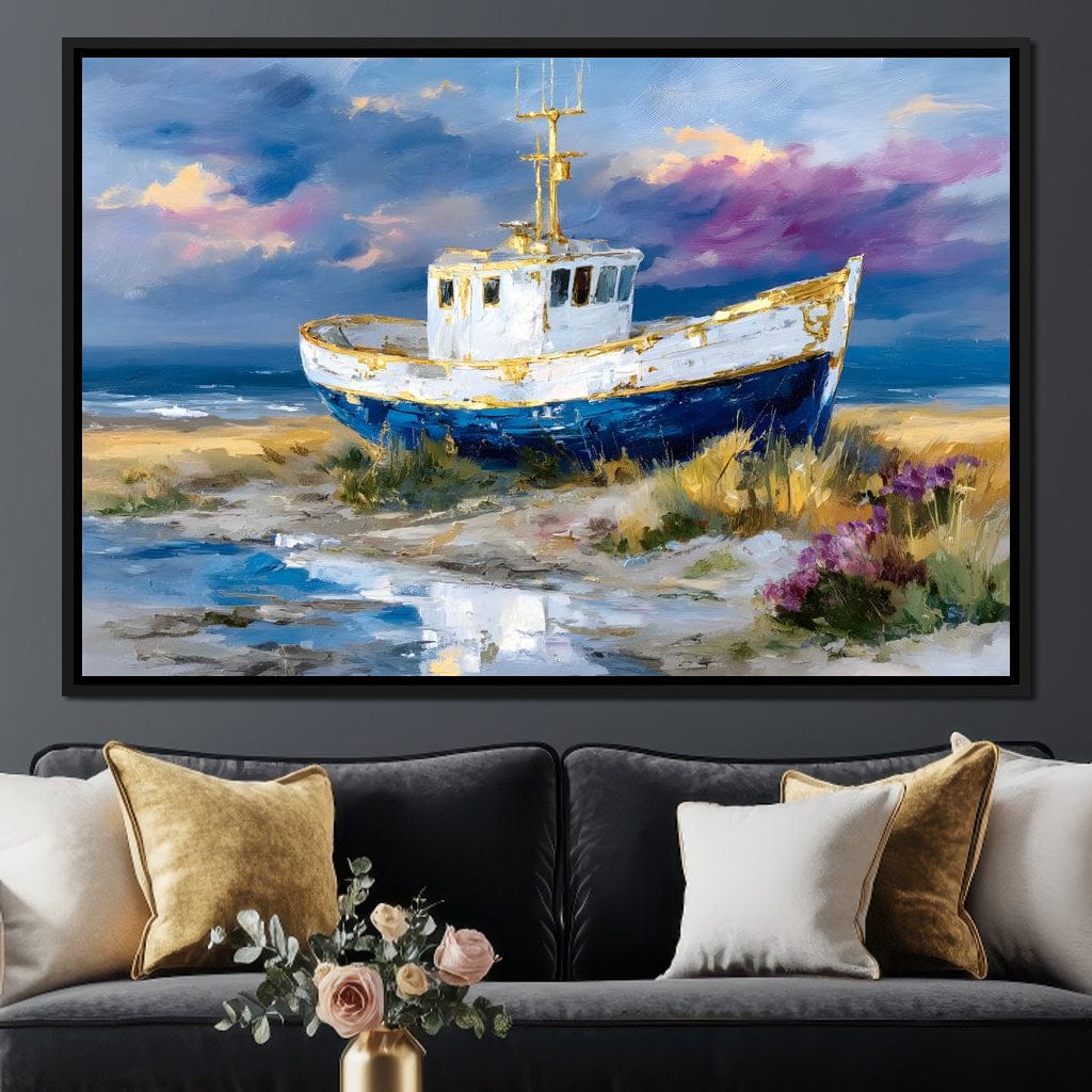 Coastal Boat Under Violet Sky Canvas Wall Art