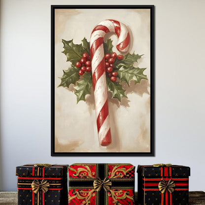 Christmas Candy Cane Holly Joy Canvas Wall Art