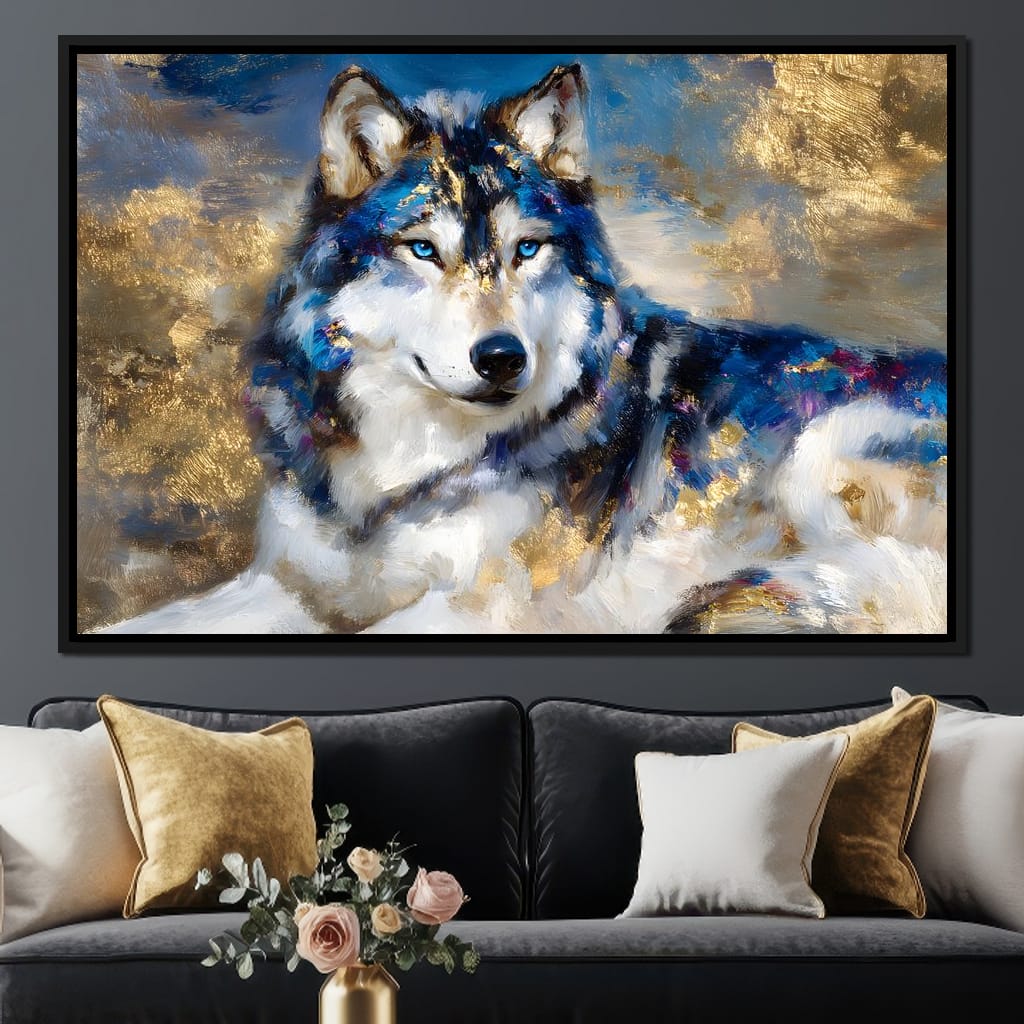 Sapphire Wolf Gold Radiance Canvas Wall Art