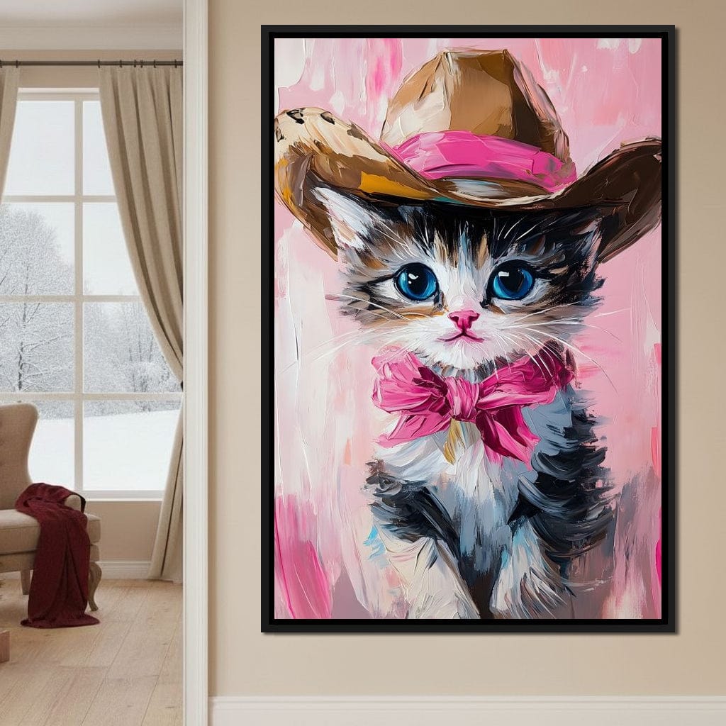 Cowboy Kitten Pink Bow Charm Canvas Wall Art