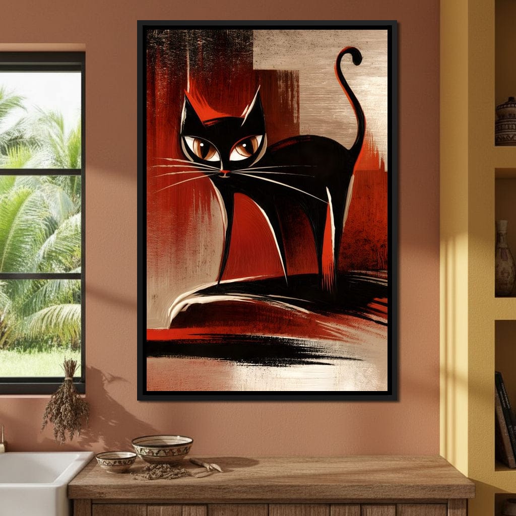 Mid Century Black Cat Stare Canvas Wall Art