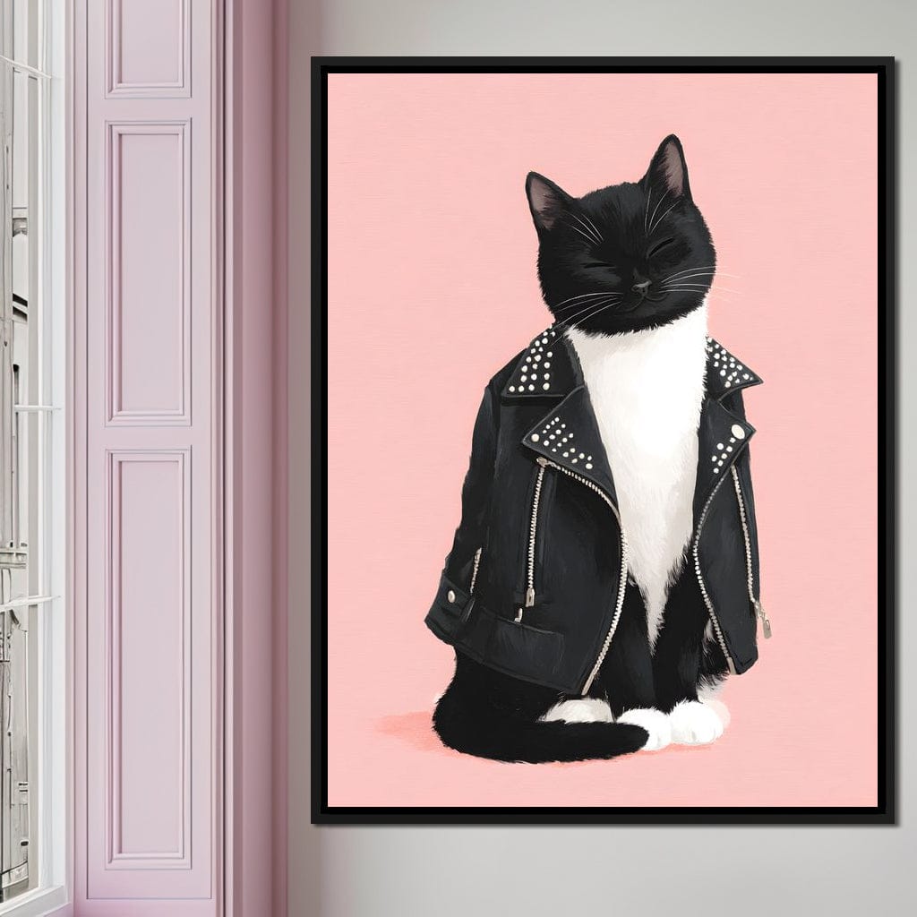 Biker Cat Attitude On Soft Pink Canvas Wall Art