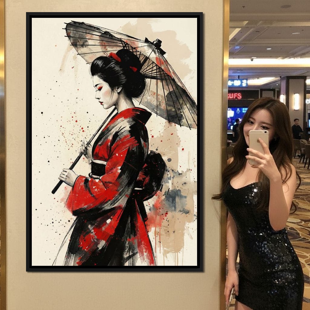Japanese Woman with Umbrella Canvas Wall Art