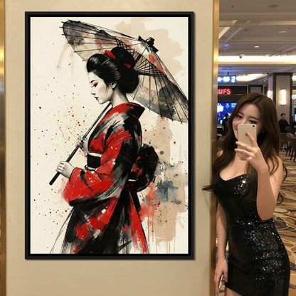 Japanese Woman with Umbrella Canvas Wall Art