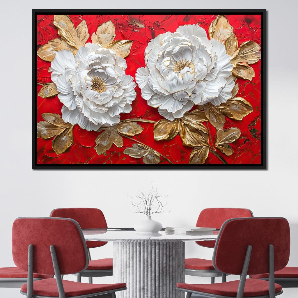 Golden Petals on Ruby Waves Canvas Wall Art