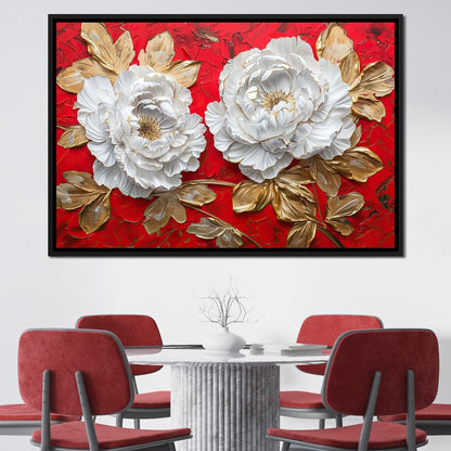 Golden Petals on Ruby Waves Canvas Wall Art
