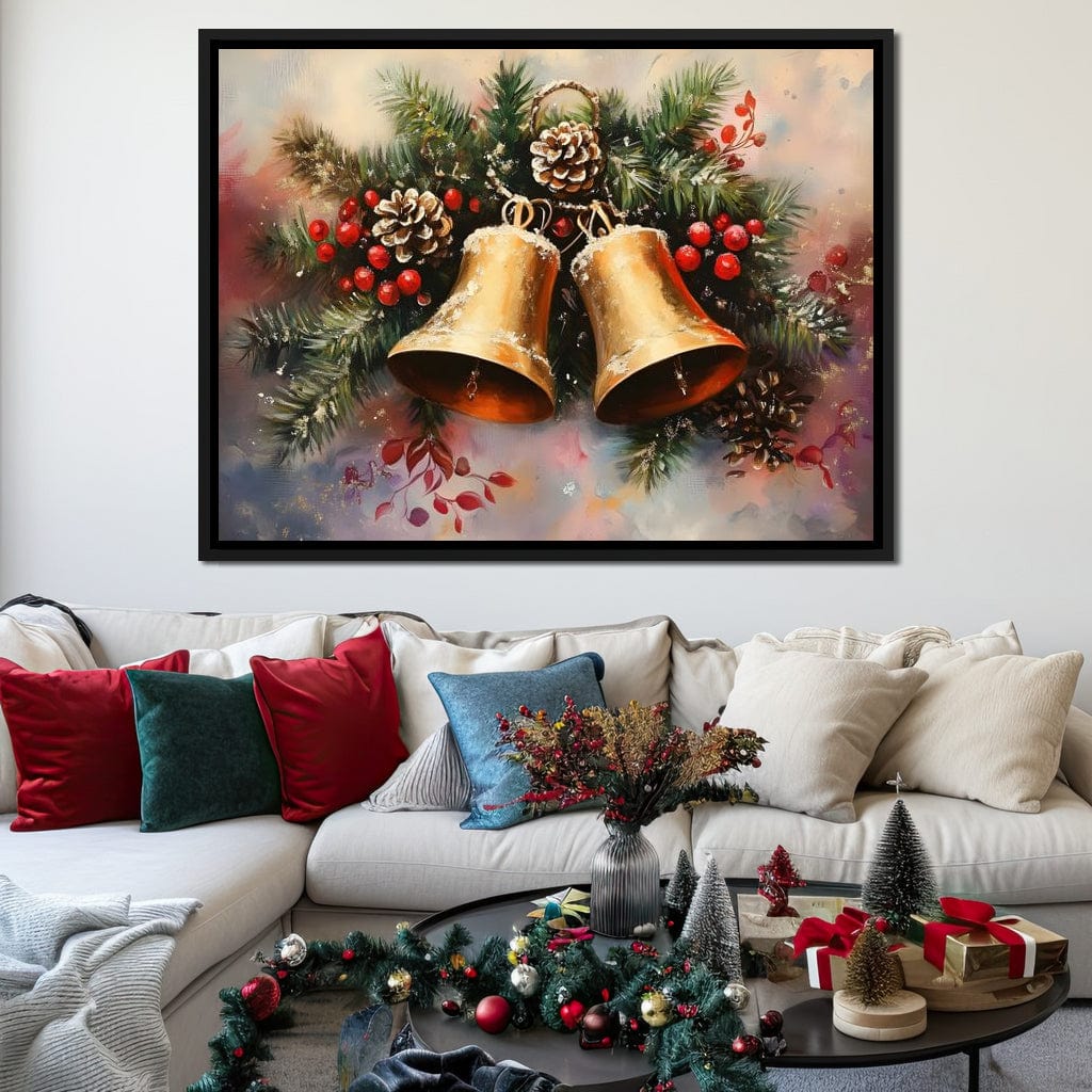 Golden Christmas Bells Garland Canvas Wall Art