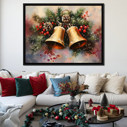 Golden Christmas Bells Garland Canvas Wall Art