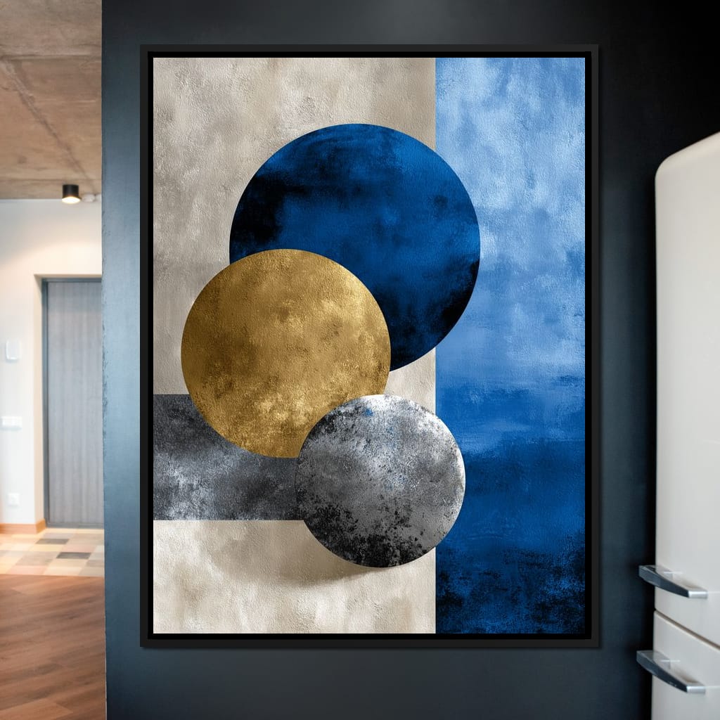 Modern Geometric Blue Gold Orbit Canvas Wall Art