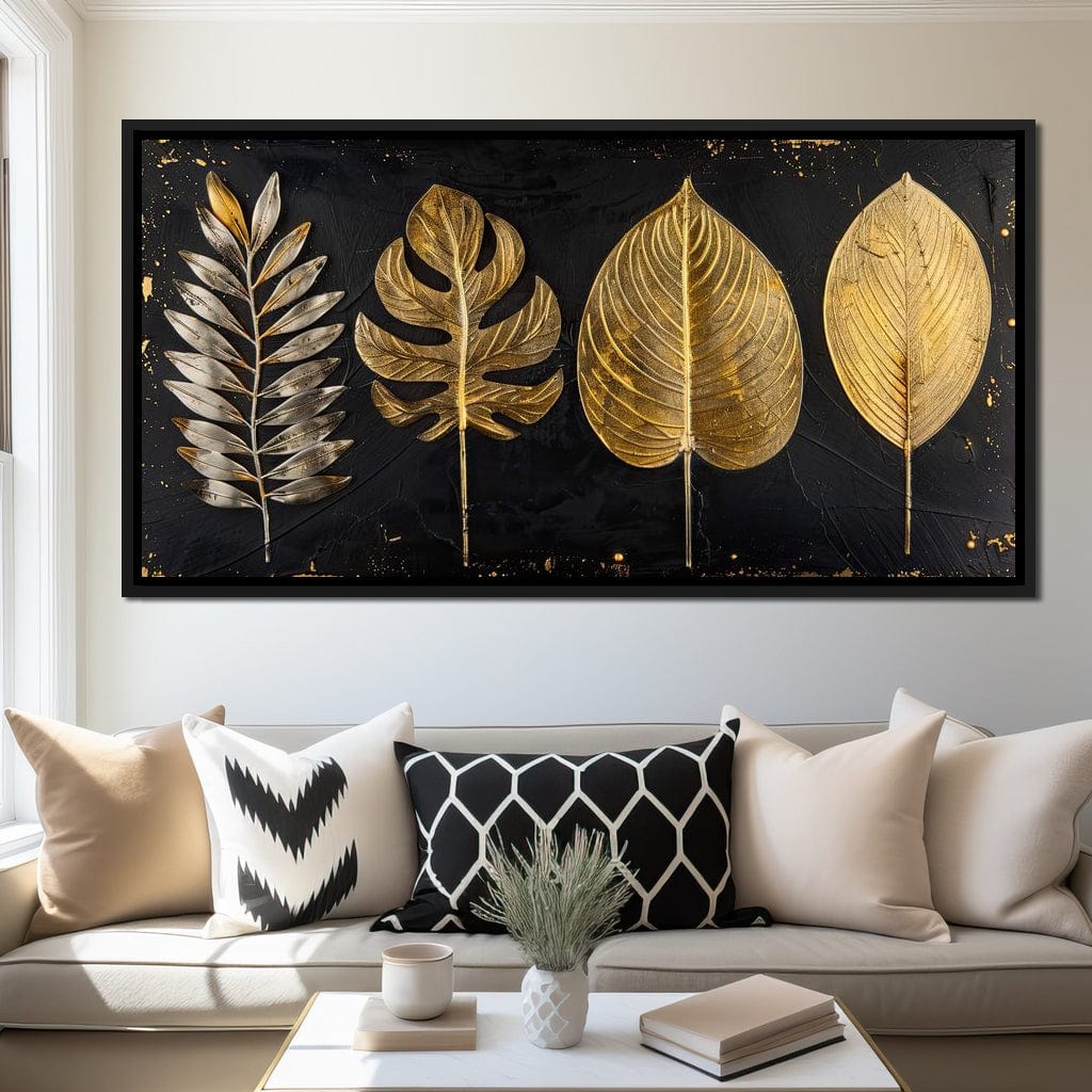 Golden Leaves on Black Background Canvas Wall Art