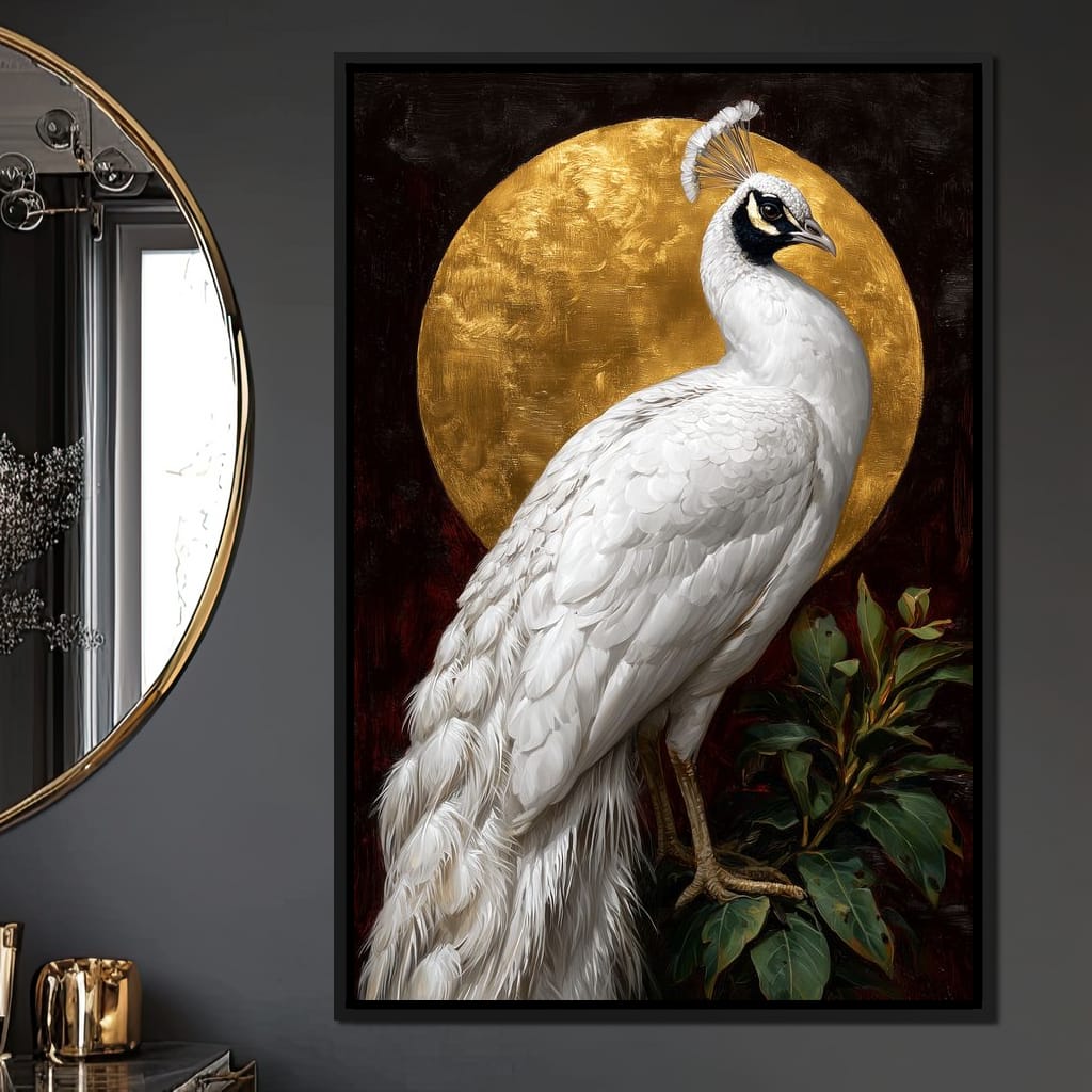 Golden Halo White Peacock Pose Canvas Wall Art