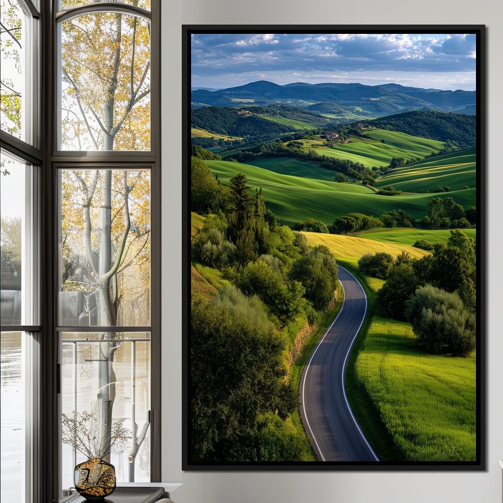 Sunlit Valley Roadscape Canvas Wall Art