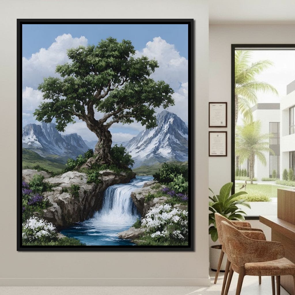 Majestic Tree Mountain Falls Canvas Wall Art