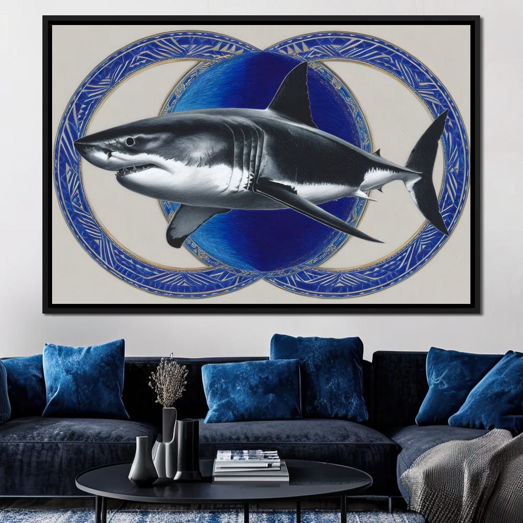 Great White Shark Emblem Blue Canvas Wall Art