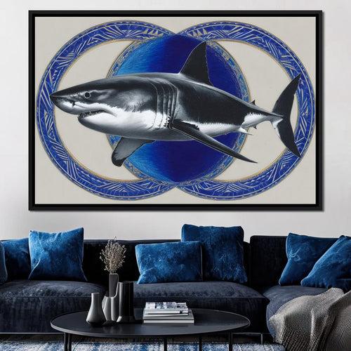 Great White Shark Emblem Blue Canvas Wall Art
