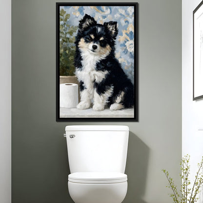 Playful Puppy Bathroom Guard Canvas Wall Art