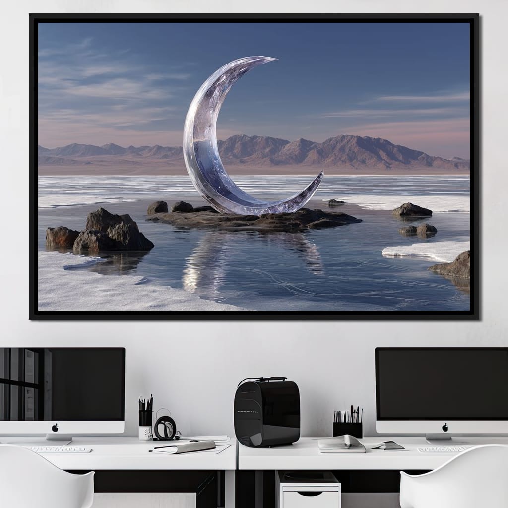 Silver Crescent Over Salt Flats Canvas Wall Art
