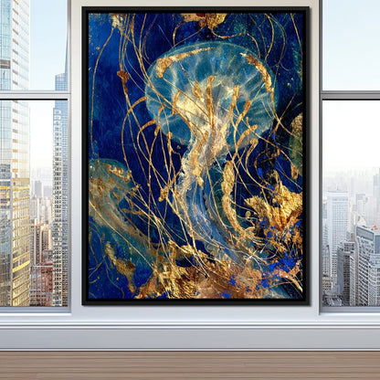 Golden Jellyfish Deep Blue Sea Canvas Wall Art