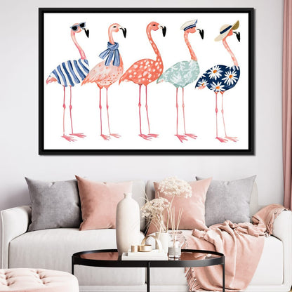 Five Stylish Flamingos on Summer Vacation Canvas Wall Art