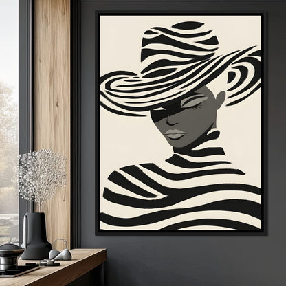 Monochrome Zebra Hat Lady Canvas Wall Art
