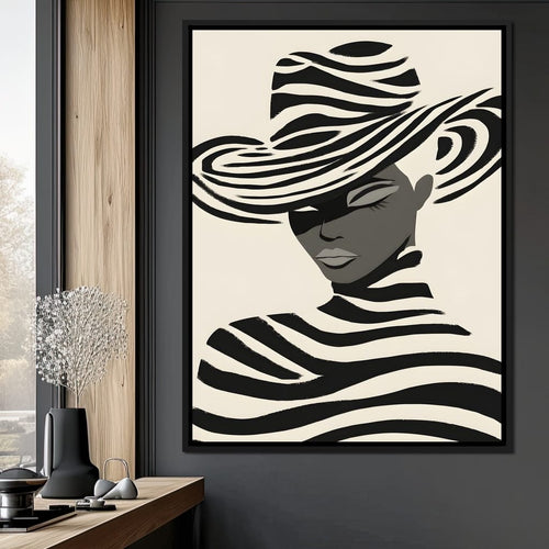 Monochrome Zebra Hat Lady Canvas Wall Art