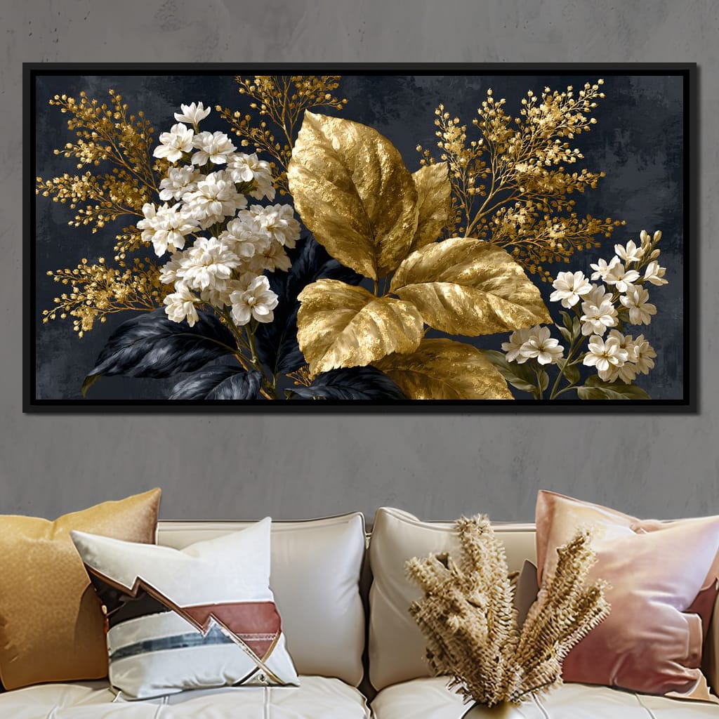 Gilded Foliage Upon Midnight Velvet Canvas Wall Art