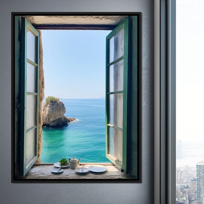 Oceanic Vista Through Wooden Pane Canvas Wall Art