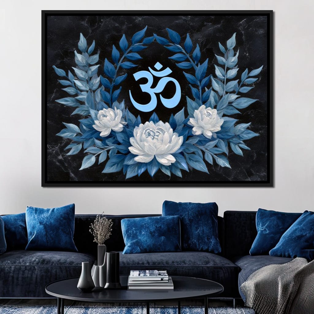 Om Symbol Blue Lotus Wreath Canvas Wall Art