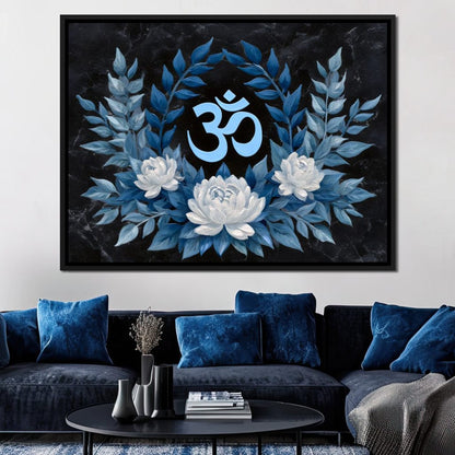 Om Symbol Blue Lotus Wreath Canvas Wall Art