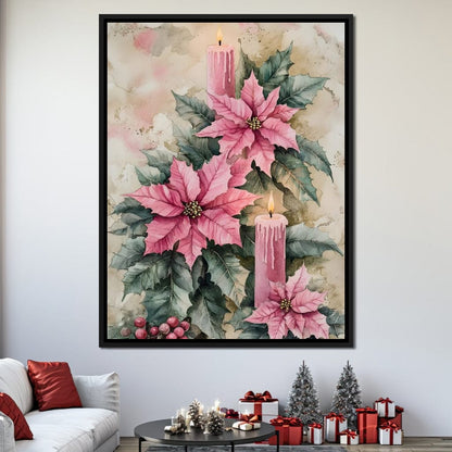 Festive Poinsettia Candle Glow Canvas Wall Art