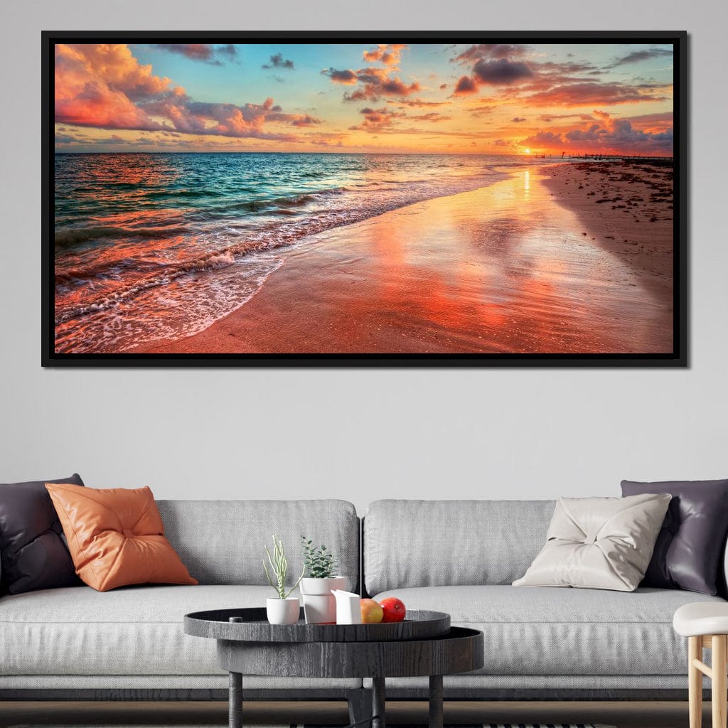 Sunset Over an Ocean Beach Shore Canvas Wall Art