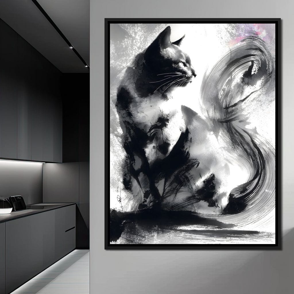 Sumi Ink Cat Reflecting Shadow Canvas Wall Art