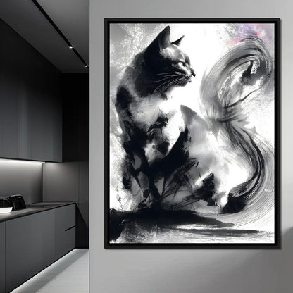 Sumi Ink Cat Reflecting Shadow Canvas Wall Art