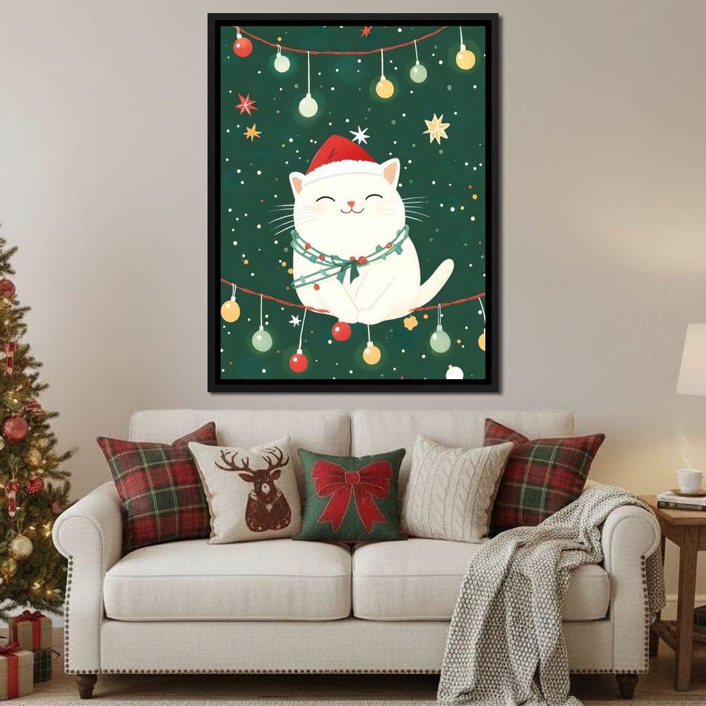 Jolly Santa Kitty Holiday Lights Canvas Wall Art