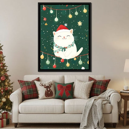 Jolly Santa Kitty Holiday Lights Canvas Wall Art