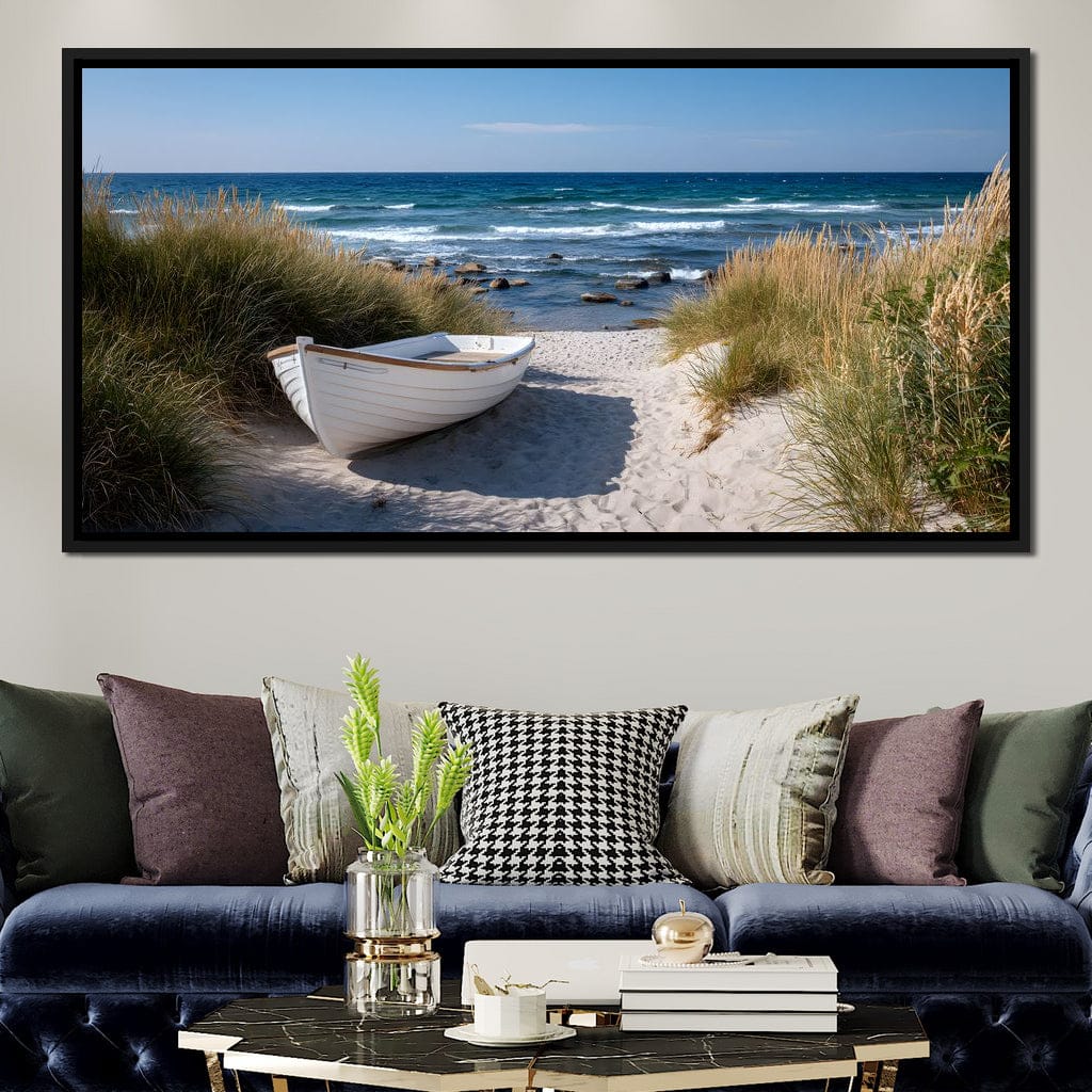 White Rowboat Coastal Dunes Canvas Wall Art