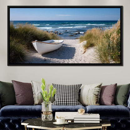 White Rowboat Coastal Dunes Canvas Wall Art